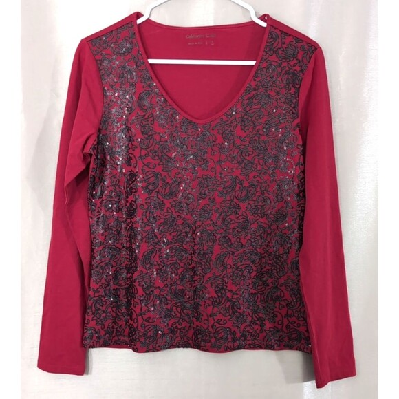 Coldwater Creek Women's Size SMALL Red & Black All Over Sequin V-Neck Top Gothic - Picture 1 of 11